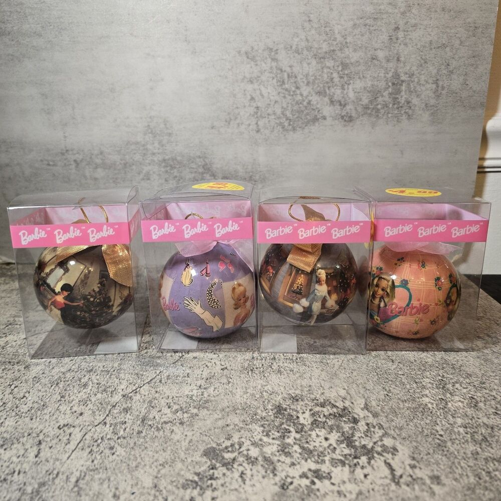 Lot of 4 Vtg Barbie Matrix Ball Decoupage Christmas Holiday Ornaments 1996 3”